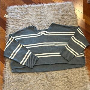 Hollister Blue and White Stripped V-Neck Sweater